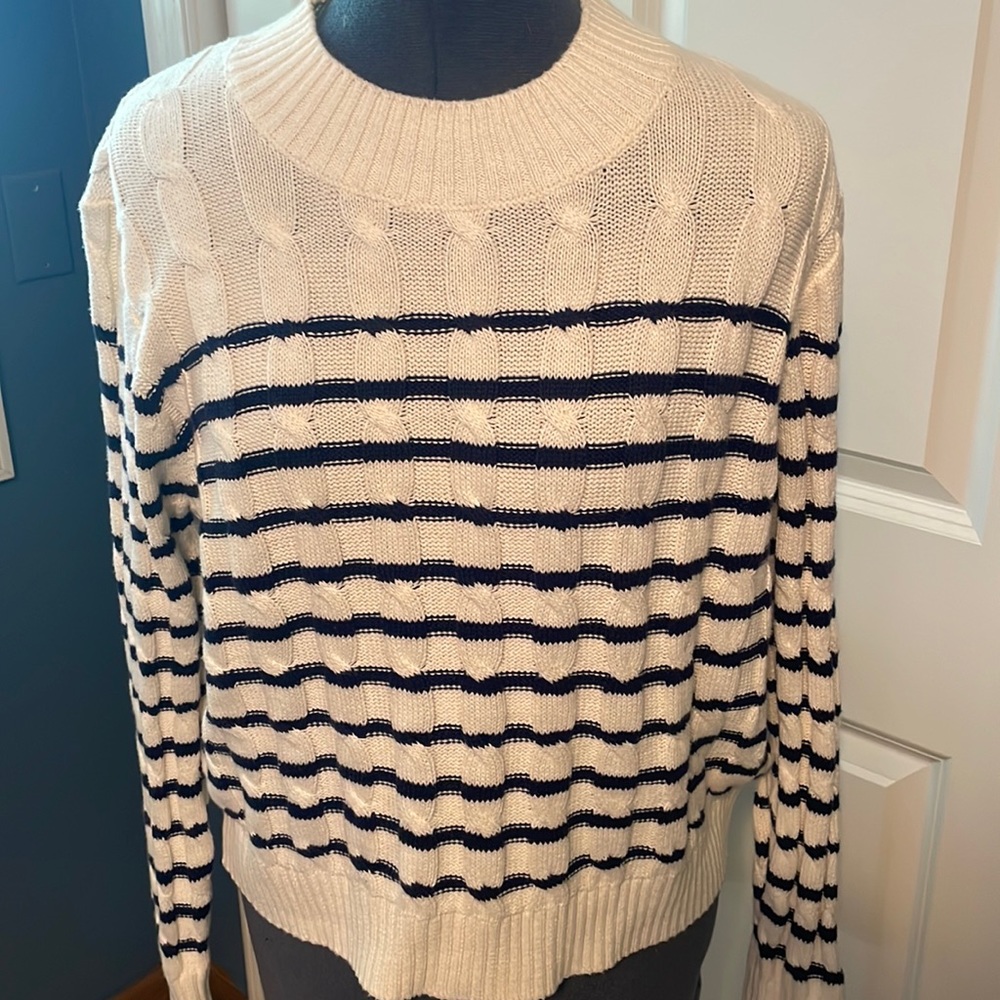 J crew navy and cream cable sweater. Never worn. Size Large
